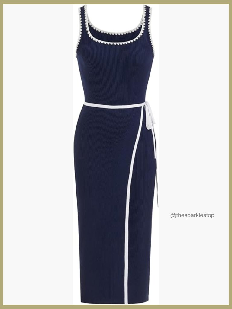 Midi Bodycon Dress Square Neck Ribbed Knit Sleeveless Tie Waist Casual Summer